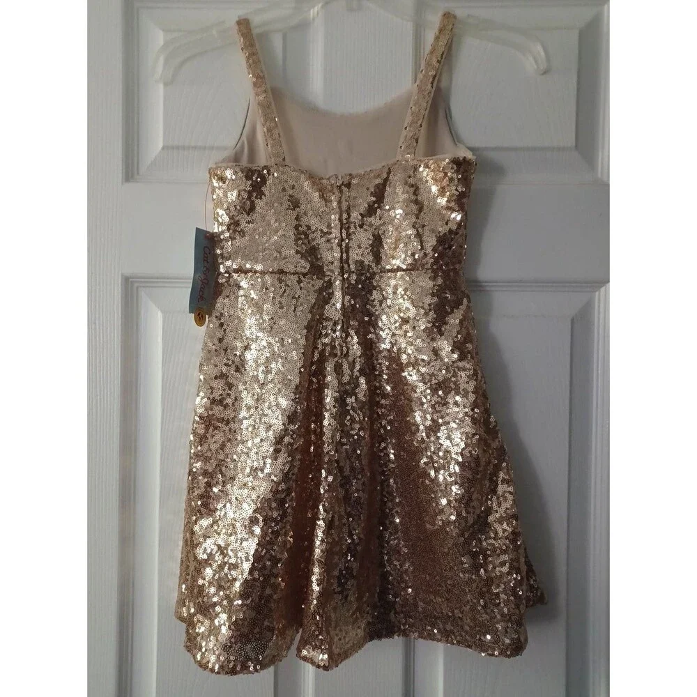 Girls' Sleeveless Gold Sequin Skater Velvet Bow Dress - Cat & Jack Size M - 8